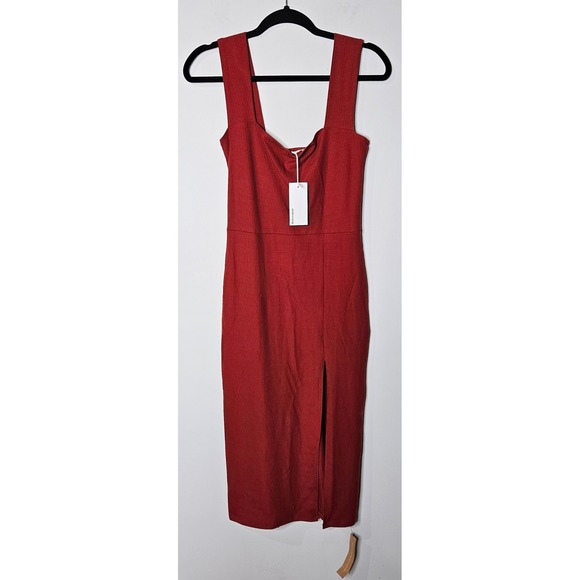 Reformation Dresses & Skirts - Reformation Cassi Midi Dress Terracotta Red Ribbed Knit Square Neck Slit Women M